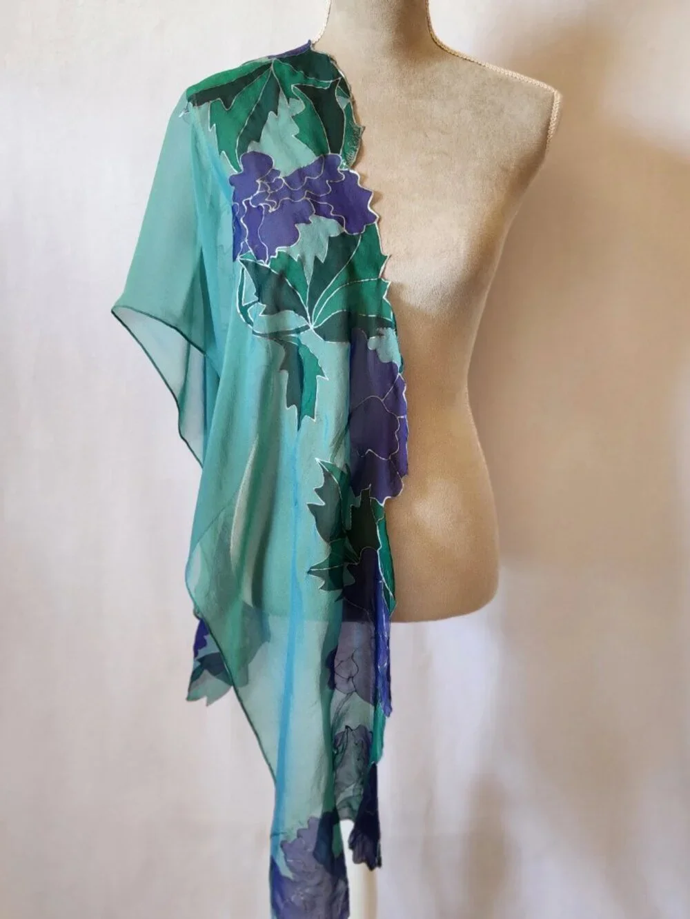 Betty Lathrop Women's Teal Purple Hand Painted Floral Sheer Silk Scarf Wrap